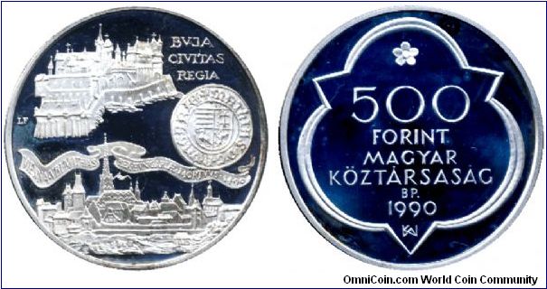 Hungary, 500 forint, 1990, Ag, 500th Anniversary of the Death Of King Mathias I. Buda Civitas Regia, Vienna VBI Mathias, Rex Hungariae Mortus 1490.                                                                                                                                                                                                                                                                                                                                                                 