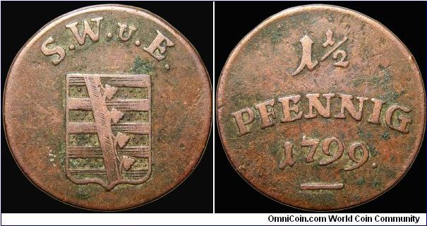 1 ½ Pfennig, Saxe - Weimar - Eisenach.

Sort of an odd denomination.                                                                                                                                                                                                                                                                                                                                                                                                                                              