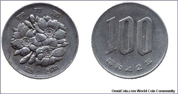 Japan, 100 yen, 1967, Cu-Ni, Cherry blossom, Showa 42.                                                                                                                                                                                                                                                                                                                                                                                                                                                              