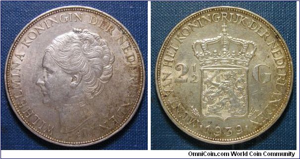 1939 Netherlands 2 1/2 Gulden