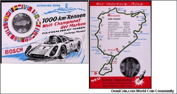 Souvenir medal from the 1969 1000 km race at Nurburgring, Germany and its commerative card.