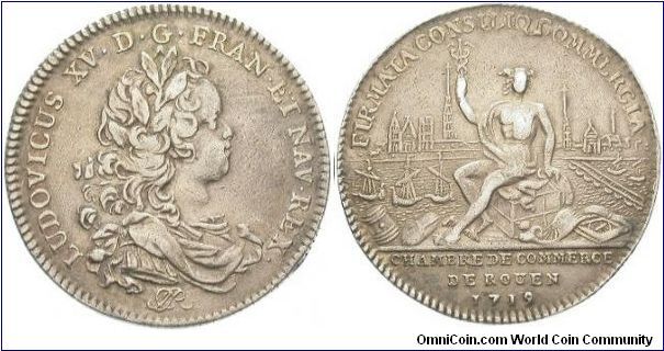 An original Louis XV (young bust) obverse / reverse, city view jeton of Rouen.