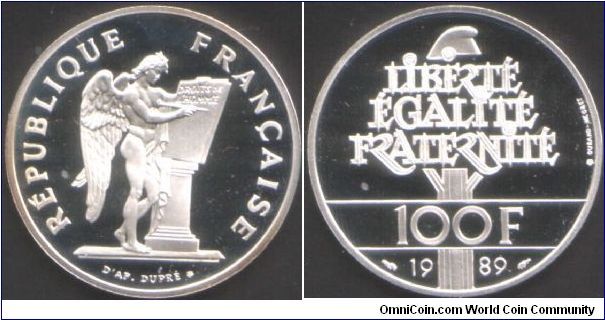 Genie de France 100 francs 1989 in .95 silver
