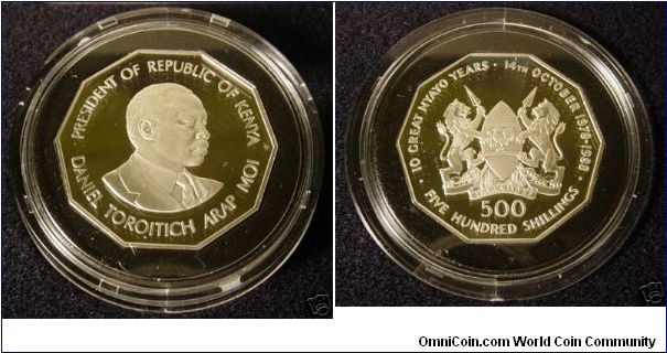 This is a great commemorative coin from Kenya. It is a proof coin commemorating 10 years of the Nyayo Era 14th October 1963-1988. Obverse: Potrait of Second President Daniel Toroitich Arap Moi, Reverse: Kenya Coat of Arms, Quality: Proof, Alloy: Silver (92.5% silver/balance copper), please see pictures for details
