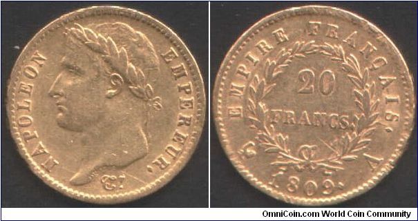 Napoleon 1809A (Paris Mint) gold 20 francs.
Laureate bust.