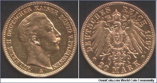 Prussian gold 20 Marks of 1897. (Berlin Mint)
This on almost prooflike but elements of wear present.