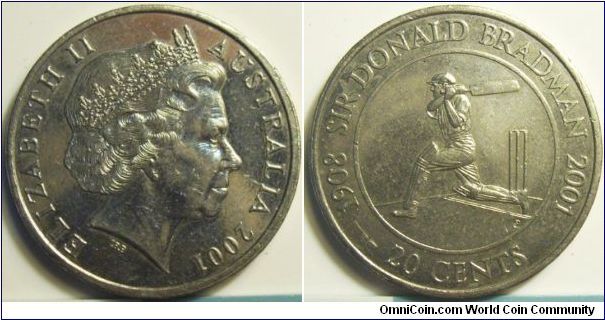 Australia 2001 20 cents, commemorating the death of Sir Donald Bradman, an Australian cricket legend.