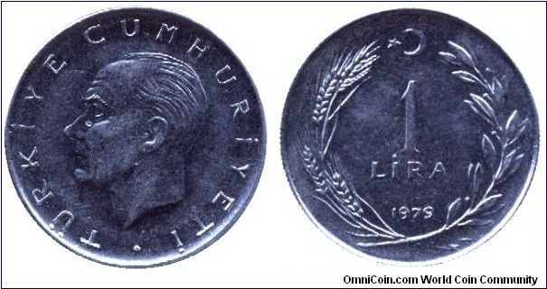 Turkey, 1 lira, 1979, Steel, Kemal Atatürk, Turkiye Cumhuriyeti                                                                                                                                                                                                                                                                                                                                                                                                                                                     