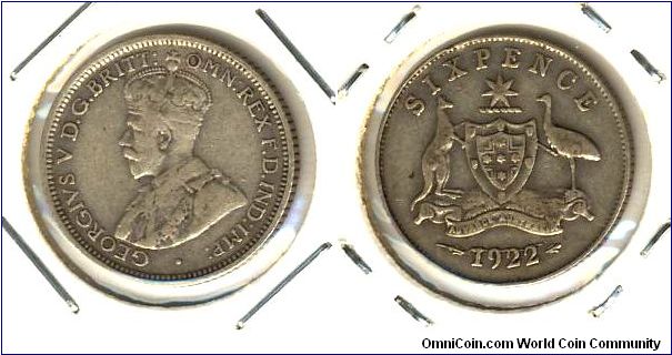 Australia 6 pence 1922 - difficult date, die-crack on date