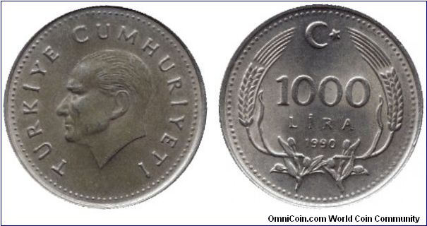 Turkey, 1000 lira, 1990, Cu-Ni-Zn, Atatürk.                                                                                                                                                                                                                                                                                                                                                                                                                                                                         