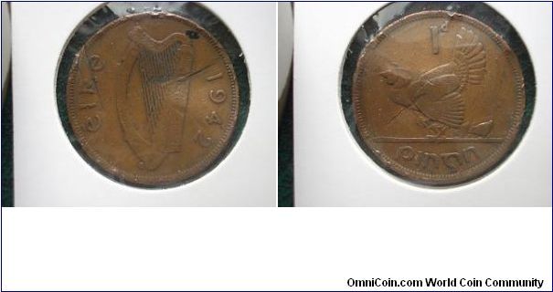 1942 penny ireland chickless variety worn,dent,bend,deep,scratch coin