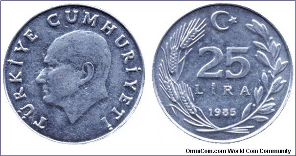 Turkey, 25 lira, 1985, Al, Atatürk.                                                                                                                                                                                                                                                                                                                                                                                                                                                                                 