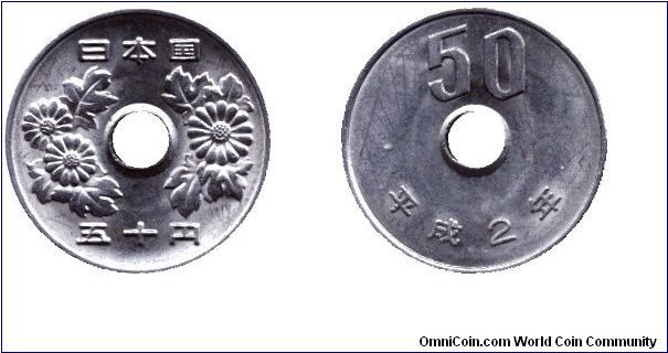 Japan, 50 yen, 1990, Cu-Ni, Chrysanthemum, holed.                                                                                                                                                                                                                                                                                                                                                                                                                                                                   