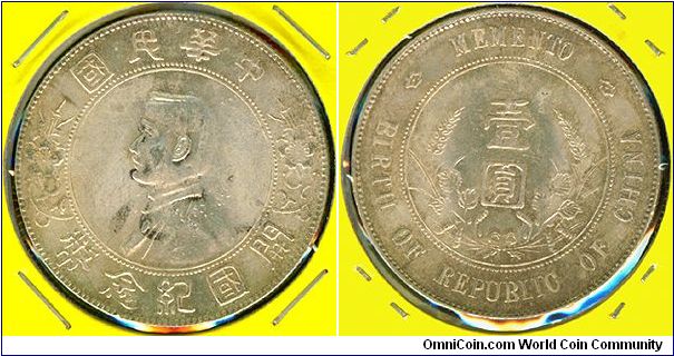 China 1 dollar (1927) - 'Memento Dollar', relief edge reeding