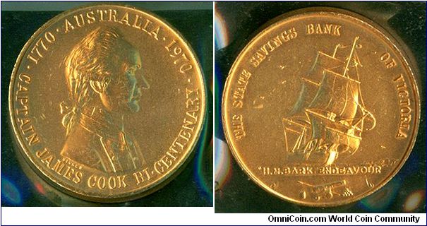 Capt. James Cook Bi-Centenary - The State Savings Bank of Victoria, Gold-plated medallion, Stokes