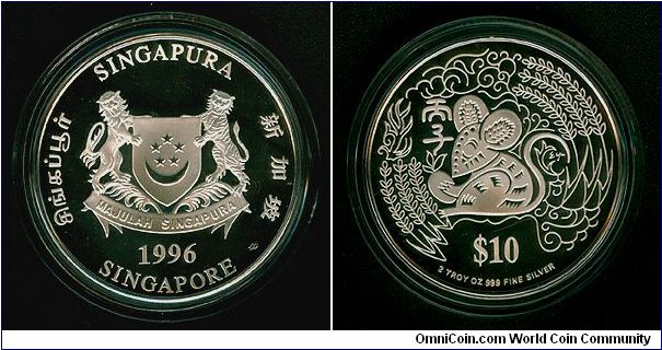 Singapore 10 dollars 1996 - Lunar Series: Rat Year, Silver 2oz proof