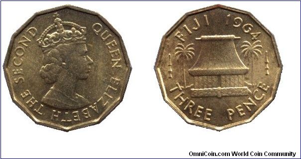 Fiji, 3 pence, 1964, Ni-Brass, Polygon shaped, Native hut, Queen Elizabeth the Second                                                                                                                                                                                                                                                                                                                                                                                                                               