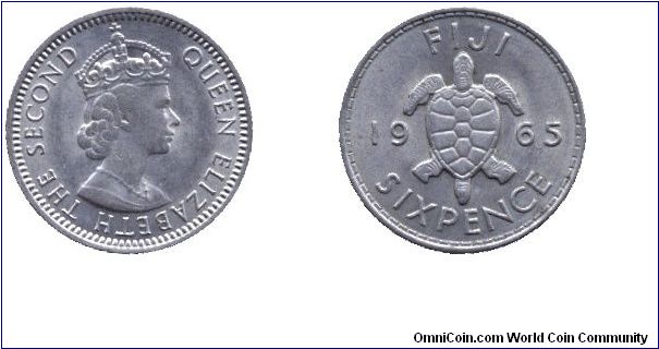 Fiji, 6 pence, 1965, Cu-Ni, Sea Turtle, Queen Elizabeth the Second                                                                                                                                                                                                                                                                                                                                                                                                                                                  
