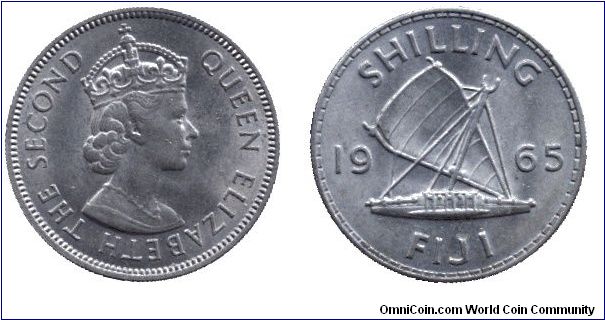 Fiji, 1 shilling, 1965, Cu-Ni, Outrigger, Queen Elizabeth the Second                                                                                                                                                                                                                                                                                                                                                                                                                                                
