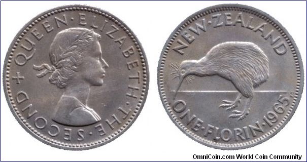 New Zealand, 1 florin, 1965, Cu-Ni, Kiwi Bird, Queen Elizabeth the Second.                                                                                                                                                                                                                                                                                                                                                                                                                                          