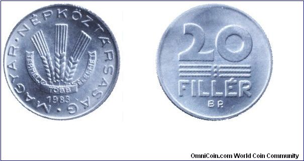 Hungary, 20 fillér, 1983, Al-Mg, FAO: Grow more food.                                                                                                                                                                                                                                                                                                                                                                                                                                                               