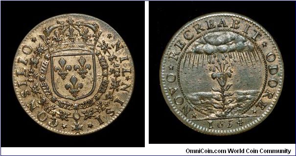 French jeton, copper
Obv: Arms of France and crown enclosed in double collar, NIL NISI CONSILIO (Nothing without Counsel).
Rev: Lili blooming in falling rain, NOVO RECREABIT ODORE (It Reappears with a new fragrance).