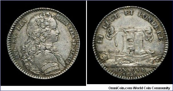 French jeton, silver.
Obv: Bust of Louis right, LUD. XV REX CHRISTIANISSIMUS (Louis XV Christian King).
Rev: Screw press, basket of plancets, tongs, and struck coins, ET LEGE ET PONDERE / MONNOYE / 1723 (Both Law and Weight, French Money).