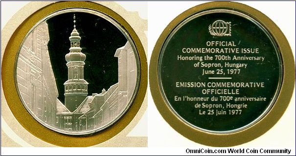 Sopron 700th Anniversary - International Society of Postmasters, Series 1977, Silver proof medallion, Franklin Mint.

Sopron is a city in Hungary near the Austrian border. It's a significant wine producing region, and one of the few in Hungary to make both red and white wines.