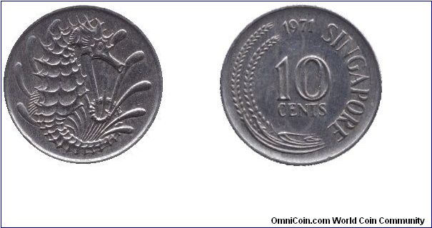 Singapore, 10 cents, 1971, Cu-Ni, Stylized Great Crowned Seahorse.                                                                                                                                                                                                                                                                                                                                                                                                                                                  