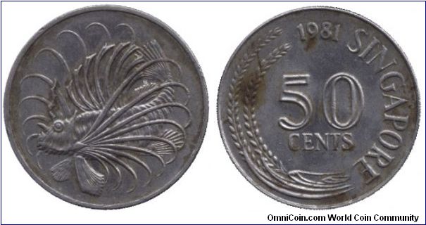 Singapore, 50 cents, 1981, Cu-Ni, Zebra Fish.                                                                                                                                                                                                                                                                                                                                                                                                                                                                       