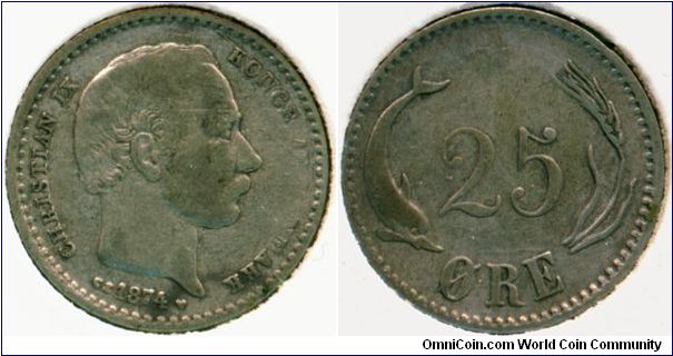 Denmark 25 ore 1874 - Missing legend on obverse; filled die.