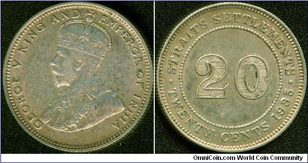 Straits Settlements 20 cents 1935 - Round-top 3