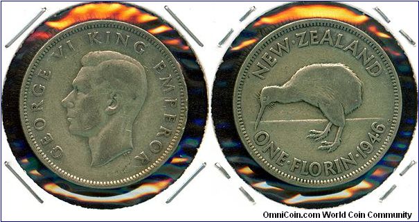New Zealand 1 florin 1946 - Flat-back kiwi