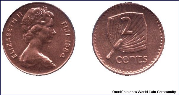 Fiji, 2 cents, 1984, Bronze, Fan, H: Elizabeth II, part of set MS7.                                                                                                                                                                                                                                                                                                                                                                                                                                                 