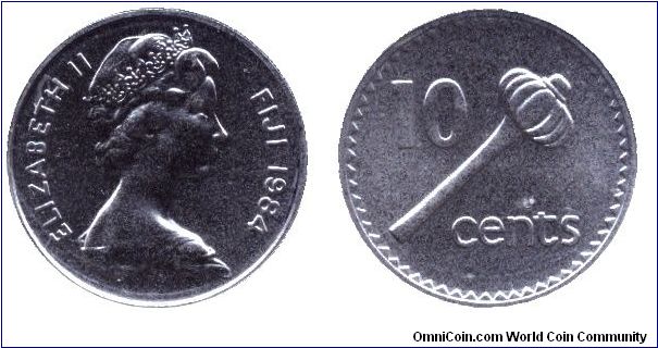 Fiji, 10 cents, 1984, Cu-Ni, Wooden throwing club, Elizabeth II, part of set MS7.                                                                                                                                                                                                                                                                                                                                                                                                                                   