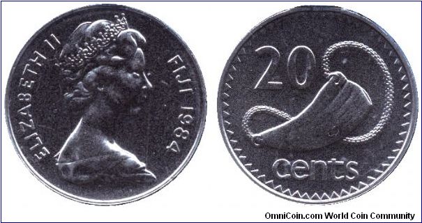 Fiji, 20 cents, 1984, Cu-Ni, Ceremonial Whale's tooth with plaited cord, Elizabeth II, part of set MS7.                                                                                                                                                                                                                                                                                                                                                                                                             