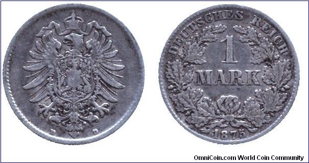 Germany, 1 mark, 1875, Ag, MM: D.                                                                                                                                                                                                                                                                                                                                                                                                                                                                                   