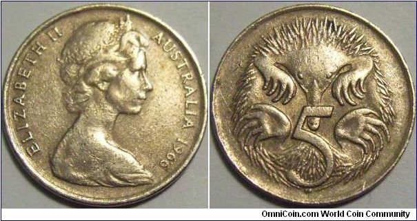 Australia 1966 5 cents. First 5 cents released in Australia. Circulated example.
