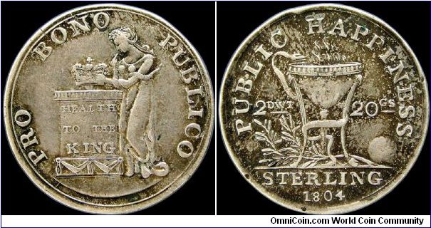 King George III: Laudatory Medal, Great Britain.

This apparently may have been an unofficial pattern, an attempt to tempt the crown into minting silver coinage again after a lapse of more than 15 years. BHM considers it a medal, though an odd one, and other references call it an Irish token. RRR in any case and an interesting design.                                                                                                                                                                  