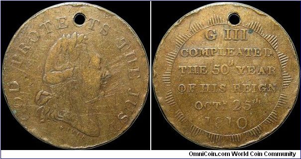 King George III: Golden Jubilee of His Reign, Great Britain.

One of the most common pieces of Regency England. If you find one that isn't pierced you've found a rarity.                                                                                                                                                                                                                                                                                                                                         