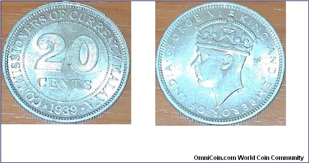 20 Cents. Commisioners of Currency Malaya.  George VI. Silver coin.