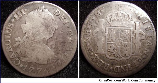 1774 two real Mexico mint
-slight bend at top-