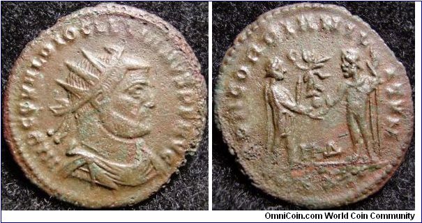 Diocletian 284-305
AE Antoninianus
obv:Radiate bust right
rev:Emp. recieving victory on globe from Jupiter
-corrosion-