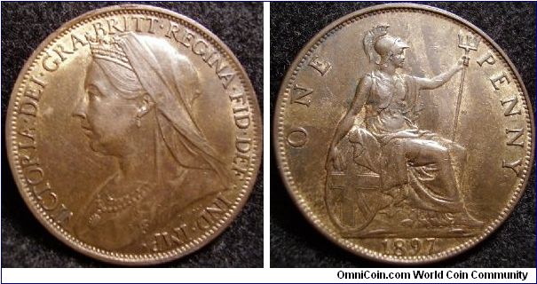 1897 Penny GB Red Brown Au or Ef by european standards