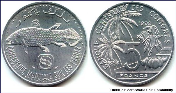 Comoros, 5 francs 1992.
