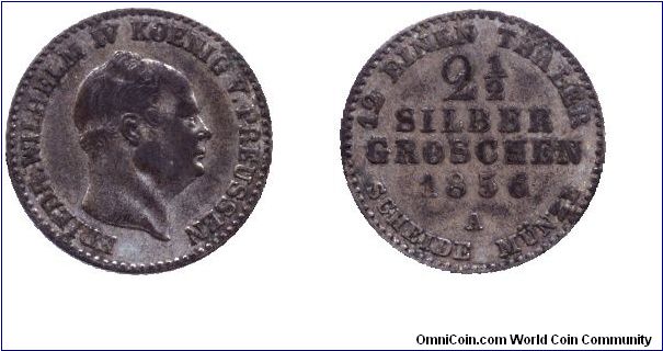 Prussia, 2 1/2 groschen, 1856, Ag, MM: A (Berlin), Friedrich Wilhelm IV (1840-1861), 37,5% silver.                                                                                                                                                                                                                                                                                                                                                                                                                  