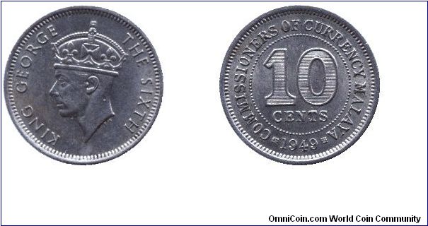 Malaya, 10 cents, 1949, Cu-Ni, King George VI.                                                                                                                                                                                                                                                                                                                                                                                                                                                                      