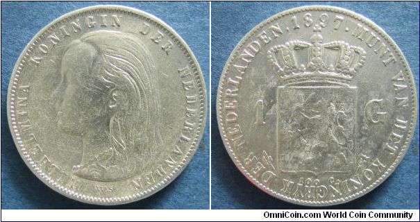 1 gulden, Wilhelmina, hanging hair, 0.9450 silver