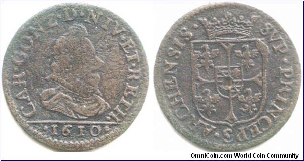 Nevers et Rethel. Very scarce copper 2 liards of Charles de Gonzaga dated 1610.