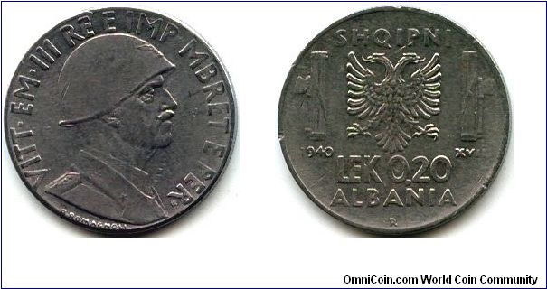 Albania, 0.20 lek 1940.
King Vittorio Emanuele III.